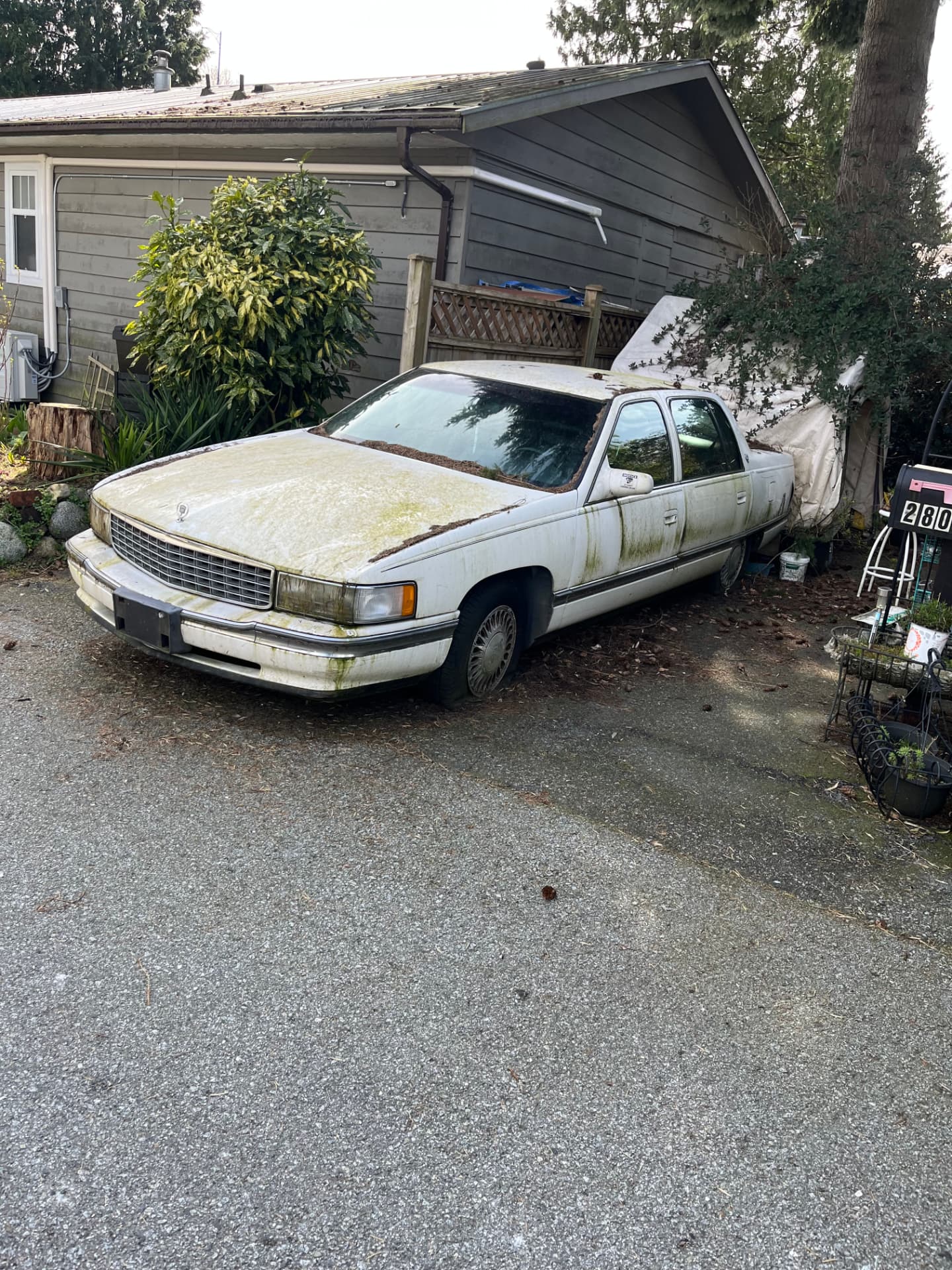 An old Cadillac parked in a Vancouver laneway before removal